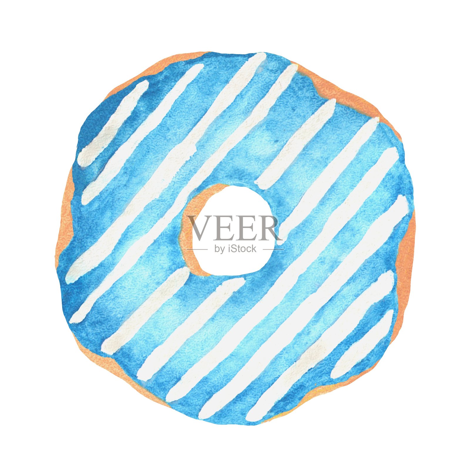 水彩插图的一个油炸圈饼与蓝色糖衣和白色条纹设计元素图片