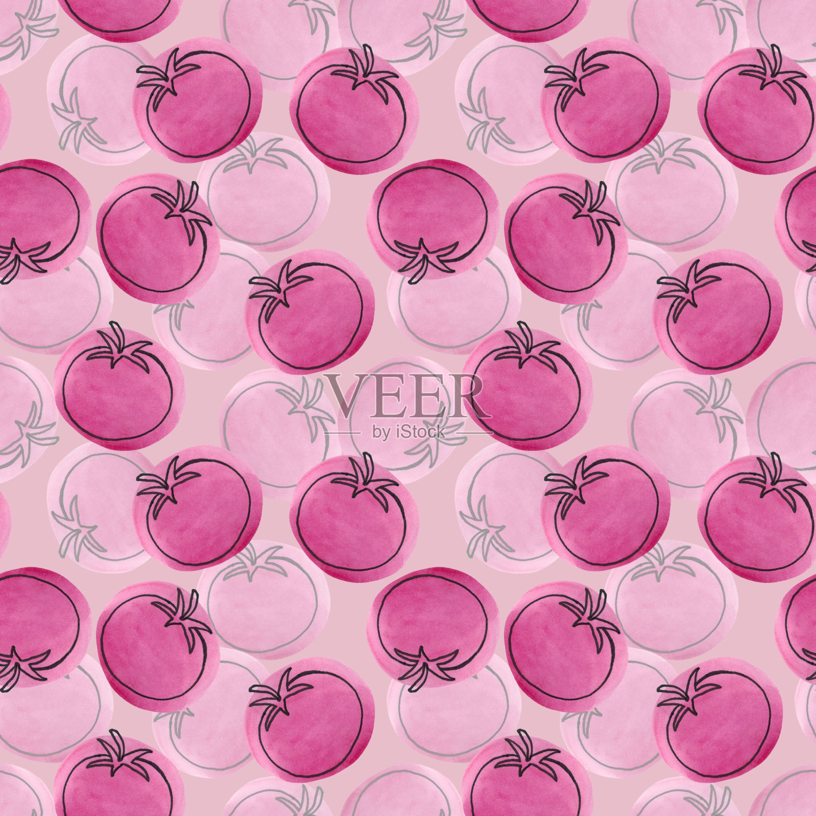 无缝模式与番茄在风格的linart在粉红色的背景。插画图片素材