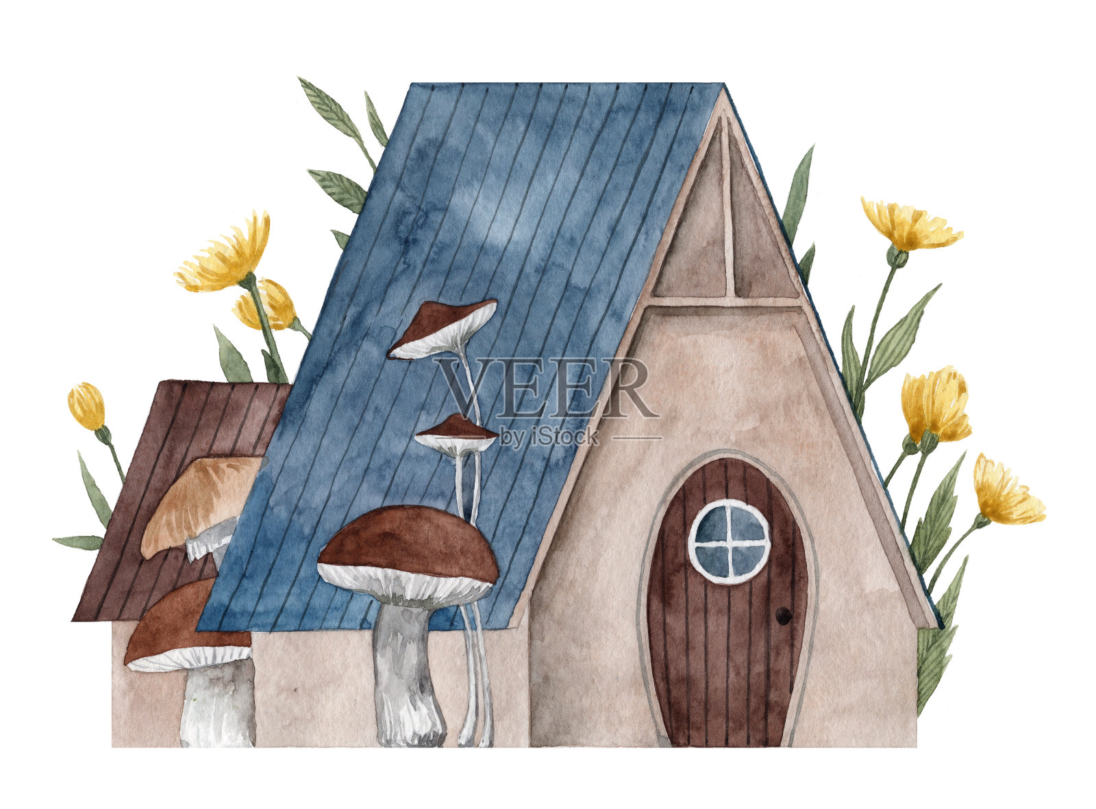 蓝色屋顶的手绘水彩画房子。小木屋后面有鲜花和蘑菇插画图片素材