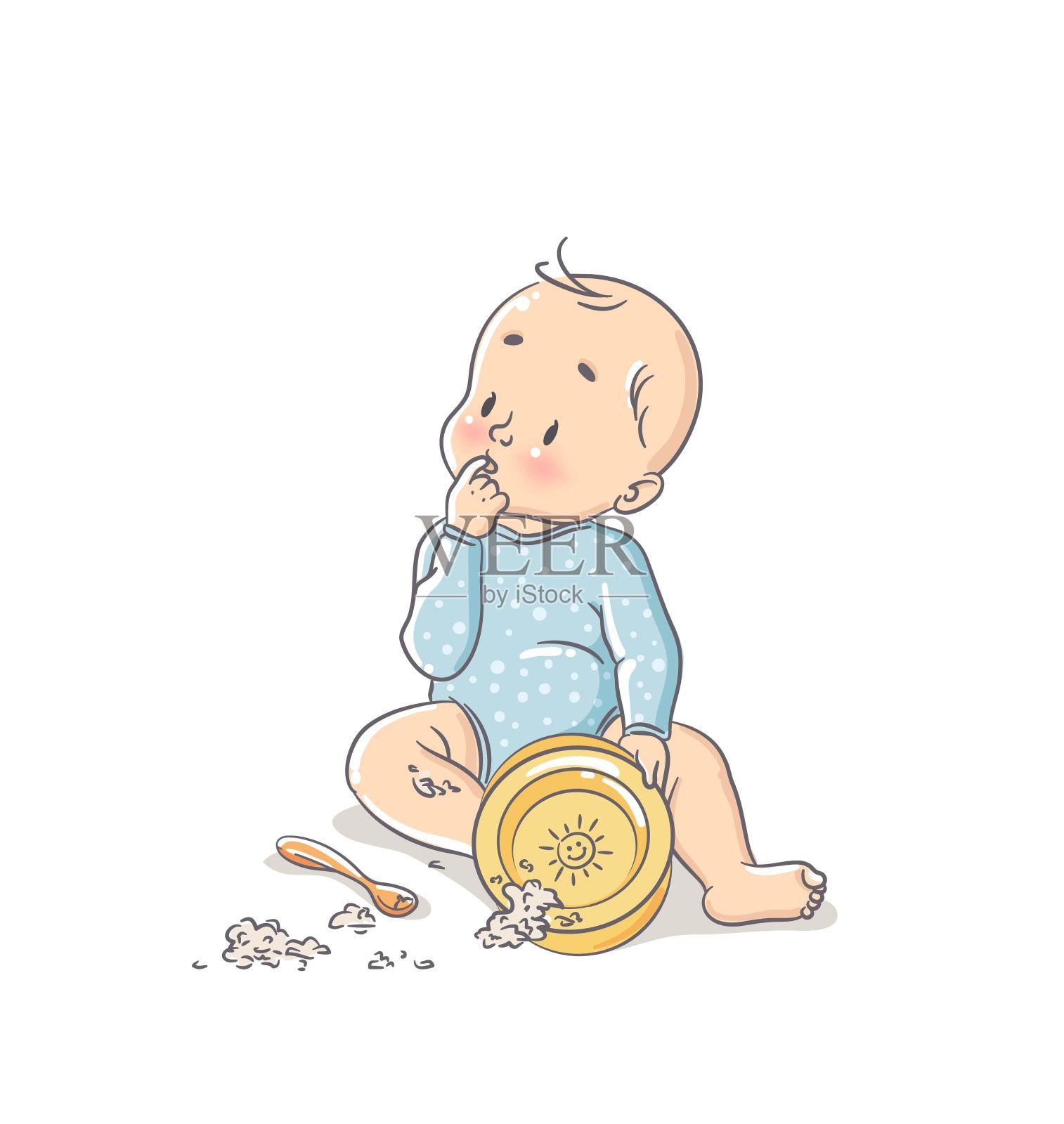 可爱的小男孩坐在地板上，把他的食物弄得一团糟。插画图片素材