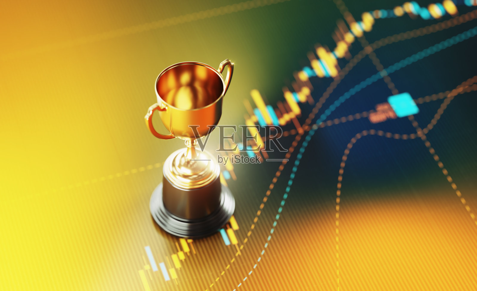 投资和金融概念-金奖杯坐在黄色金融图形背景照片摄影图片