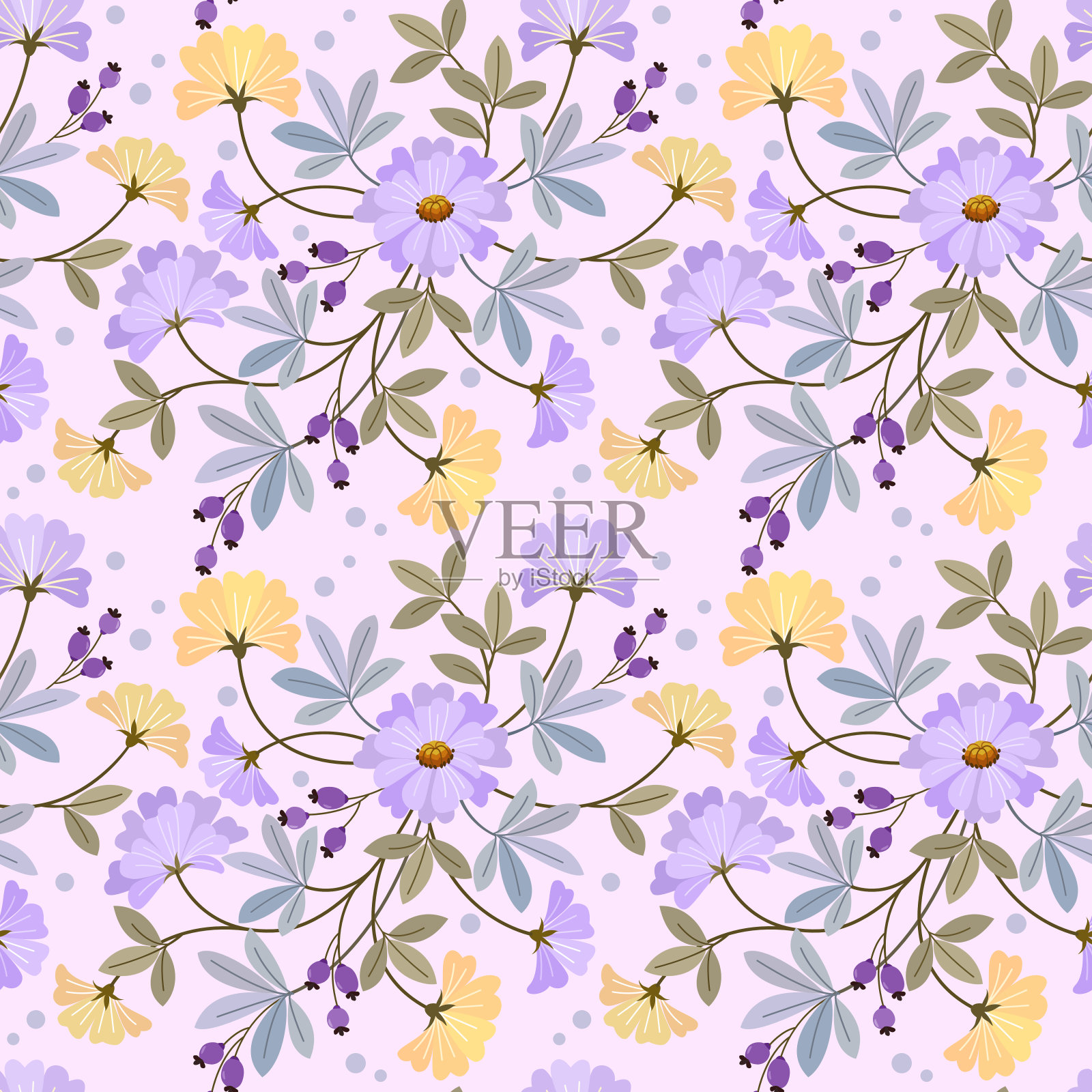 盛开的黄色和紫色花朵无缝的图案。插画图片素材