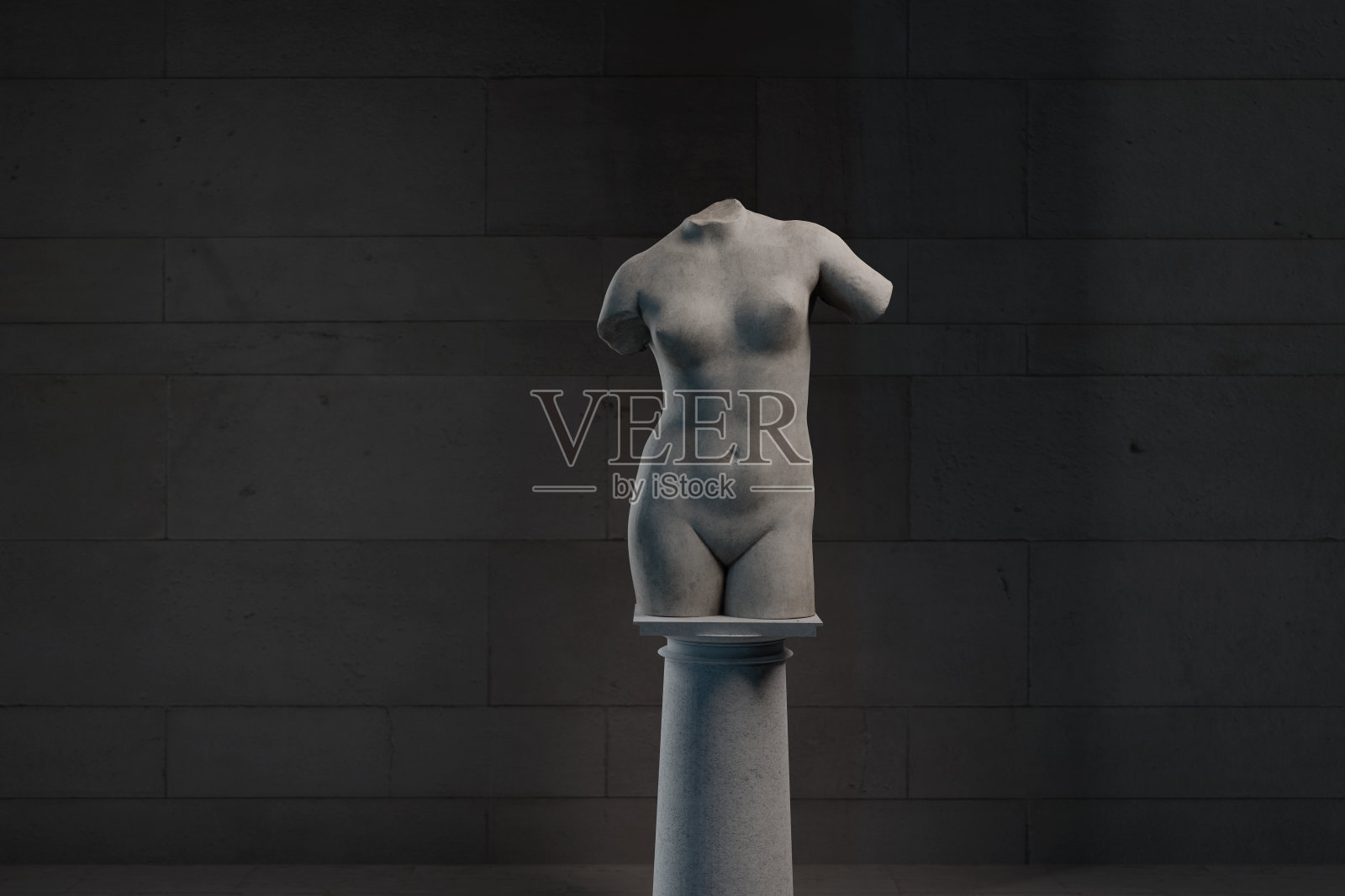 3d渲染的女性躯干雕像站在柱子上照片摄影图片