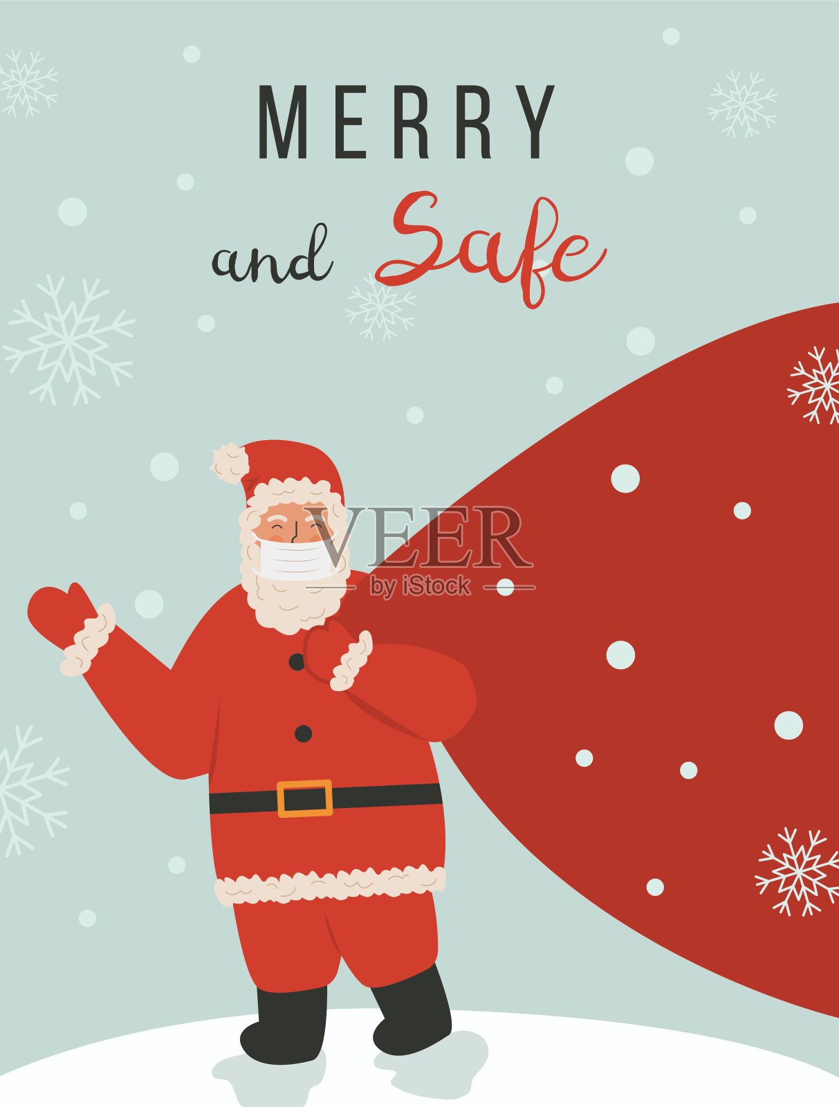 可爱的圣诞老人站在冬天的背景与雪花，拿着一个巨大的袋子背后的礼物，并戴着防护口罩。快乐和安全的标题。假日矢量插图。设计模板素材