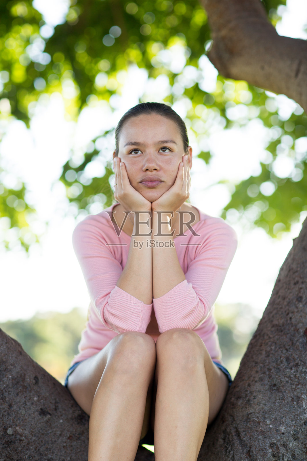 放松沉思的女人坐在树上做白日梦。照片摄影图片