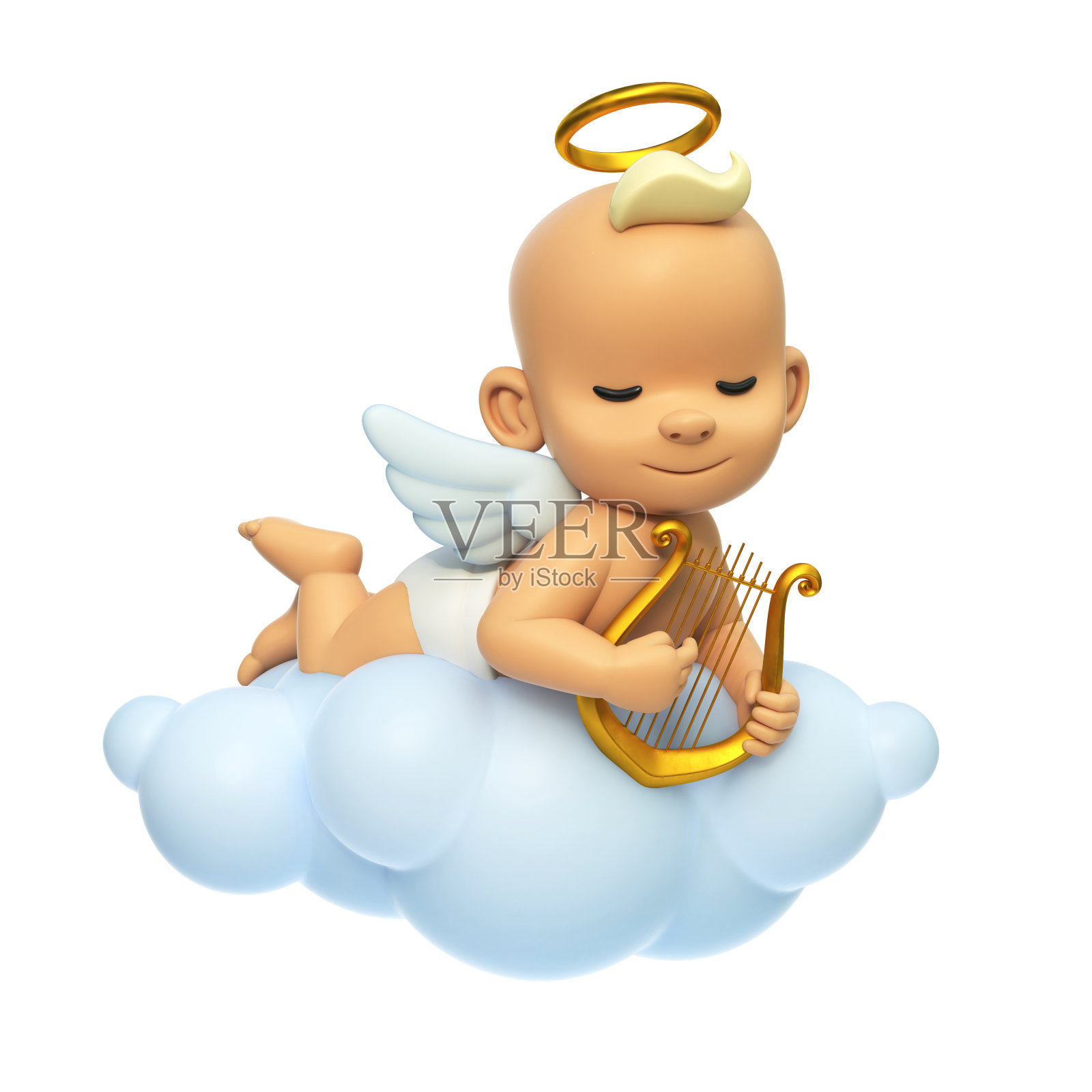 小天使在云中弹奏竖琴，卡通天使人物带着翅膀和光环在天空中，3d渲染照片摄影图片
