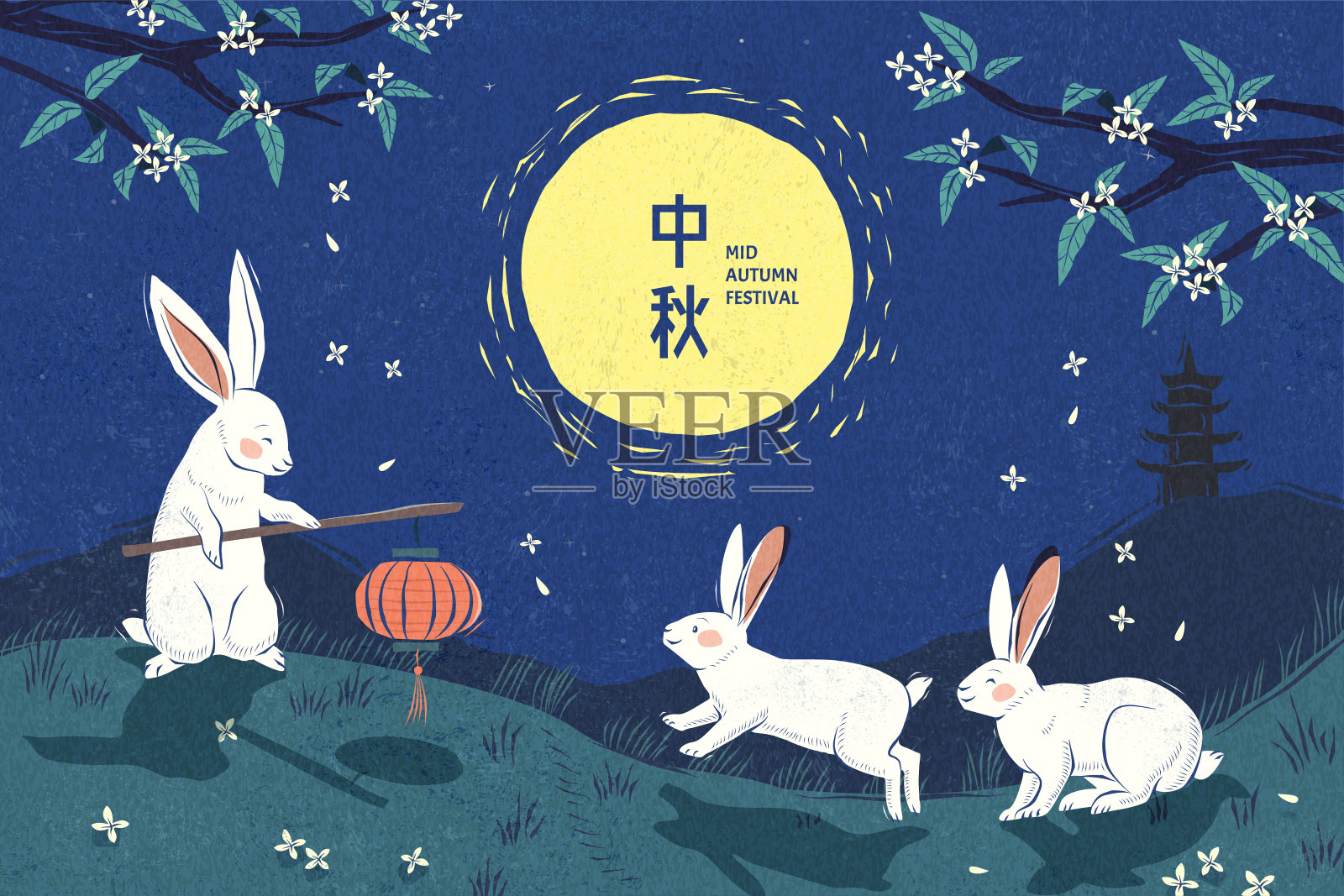 中秋节玉兔提灯赏月插画设计模板素材