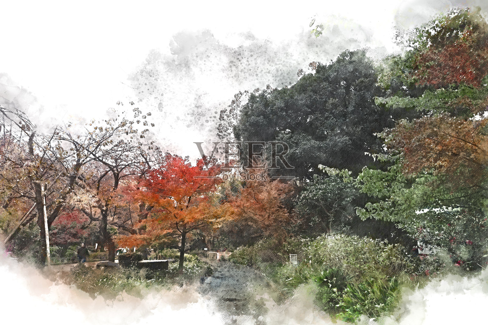 抽象彩色树木景观以水彩插画为背景。插画图片素材