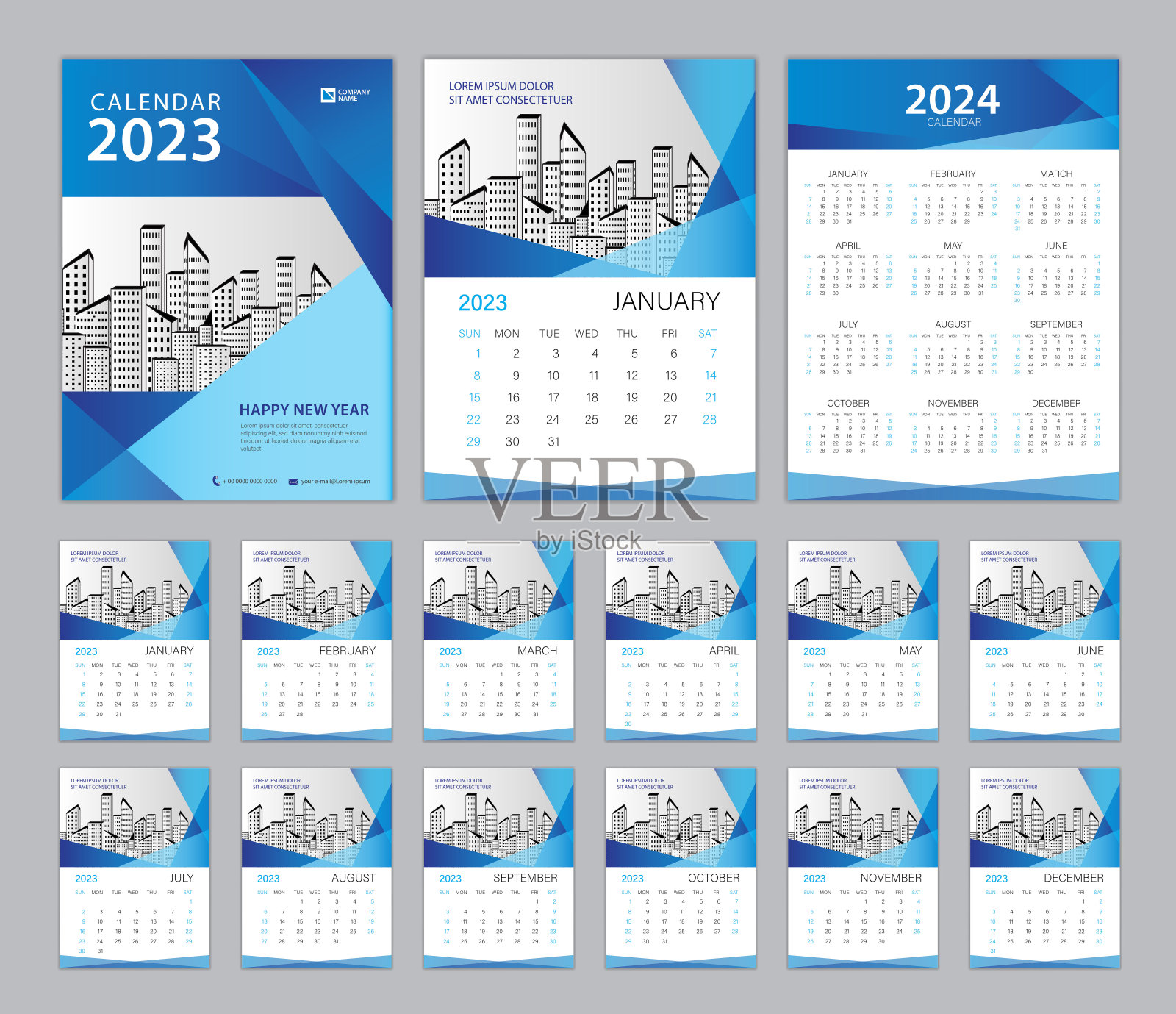 日历2023模板和设置12个月，设置书桌日历2023设计，日历2024设计海报，周开始，简单，规划师，墙壁日历模板，现代封面模板，矢量设计模板素材