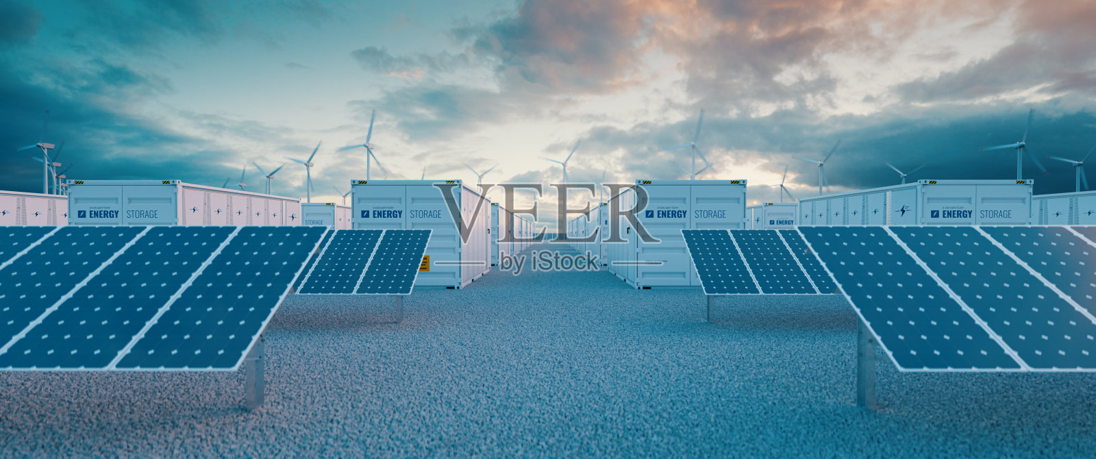 蓄电池储能电站
伴随着太阳能和风力涡轮机发电厂。3 d渲染。照片摄影图片