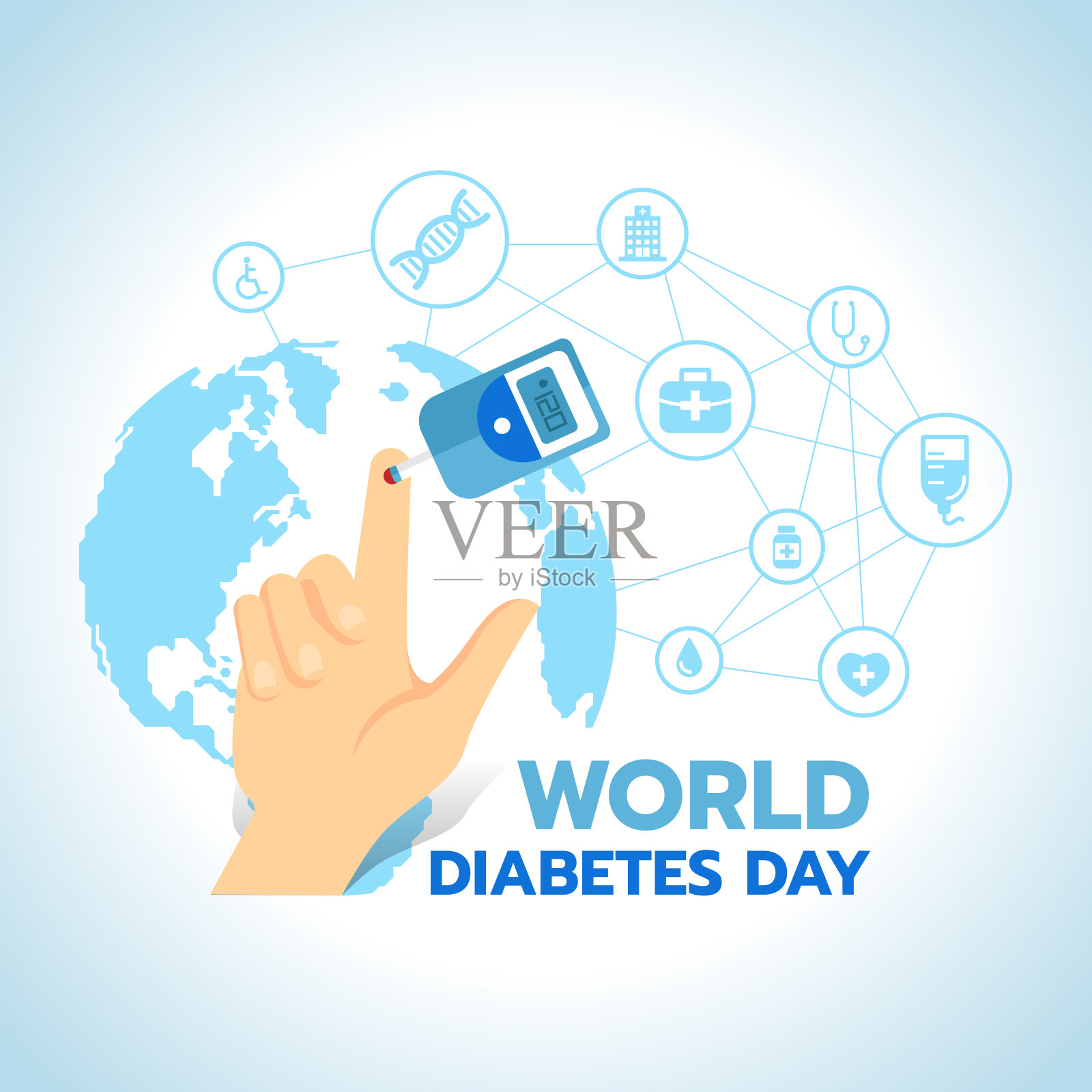 世界糖尿病日旗帜与血糖测试和血液在手指上的蓝色世界地图与抽象连接链接到医疗图标标志矢量设计插画图片素材