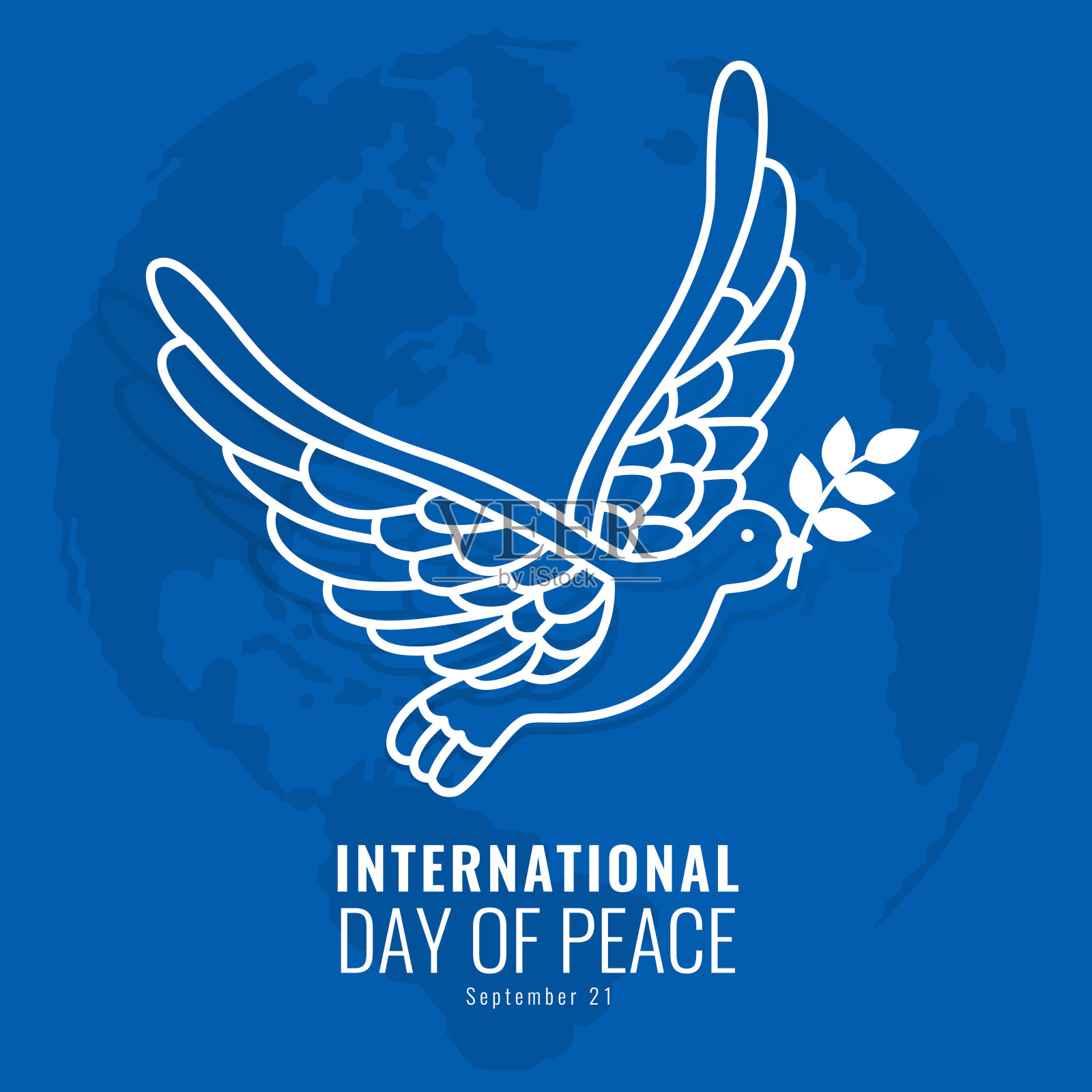 国际和平日-白鸽与树叶和蓝色世界地图背景矢量设计插画图片素材
