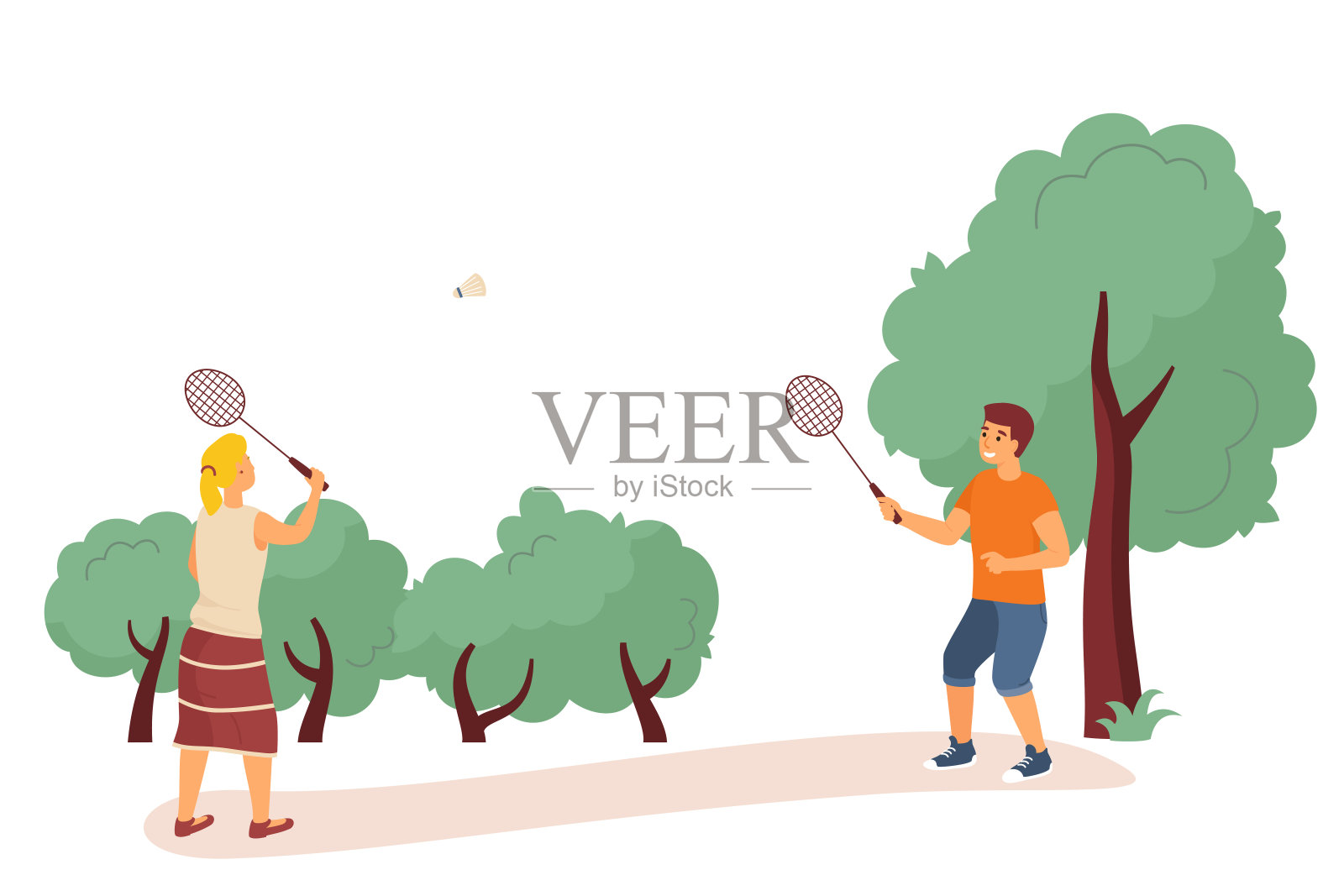 矢量插图的休息在城市公园。年轻人和女孩在打羽毛球。户外活动。插画图片素材