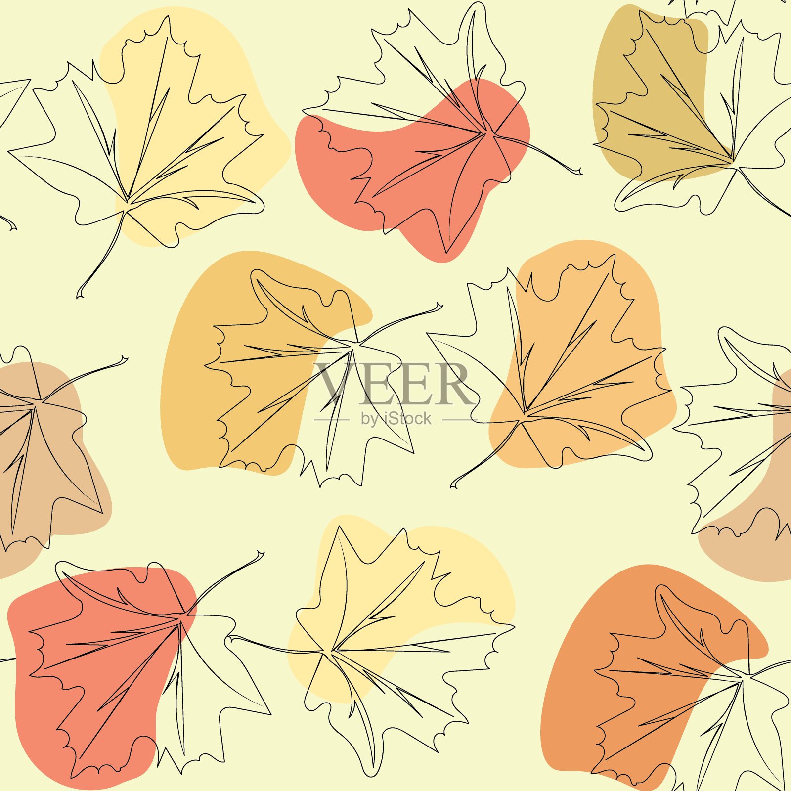 这是一幅抽象的秋叶黑色轮廓画，在浅色的背景上涂上米黄色和橙色的斑点。为纺织品、书页和封面设计。无缝的矢量模式。插画图片素材
