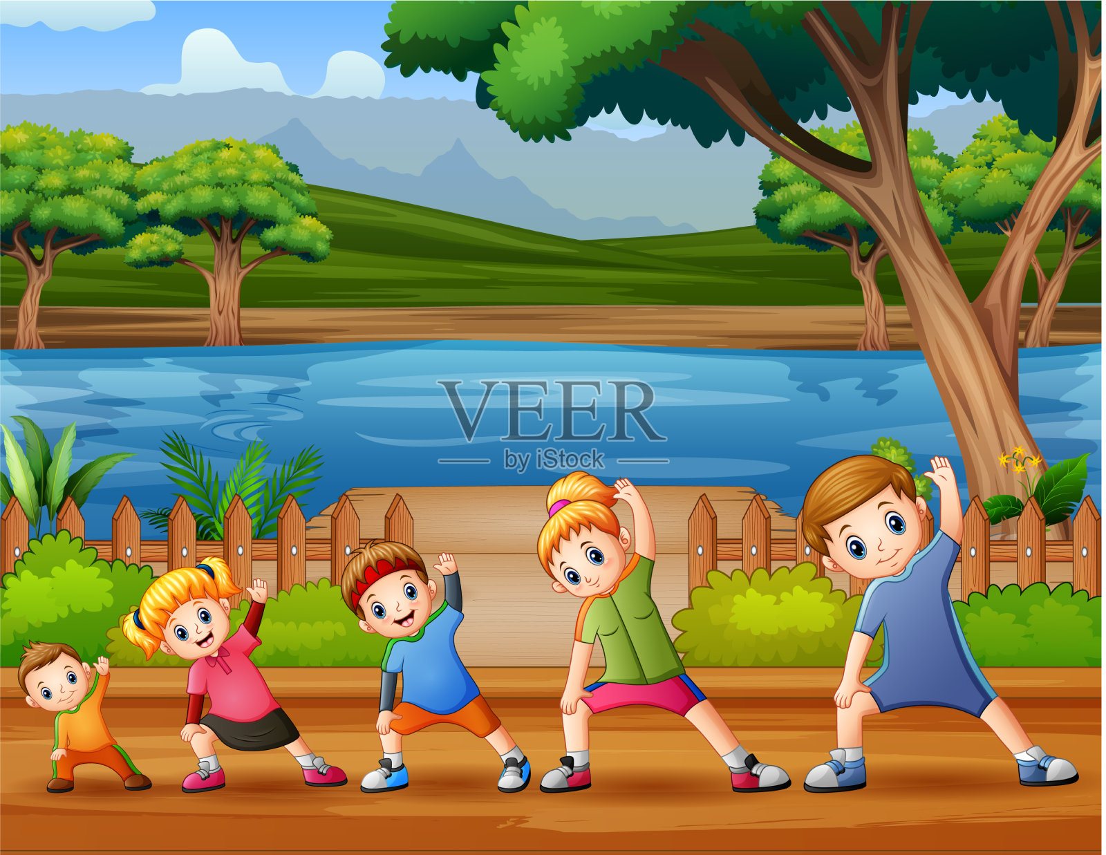 幸福家庭在河边锻炼插画图片素材