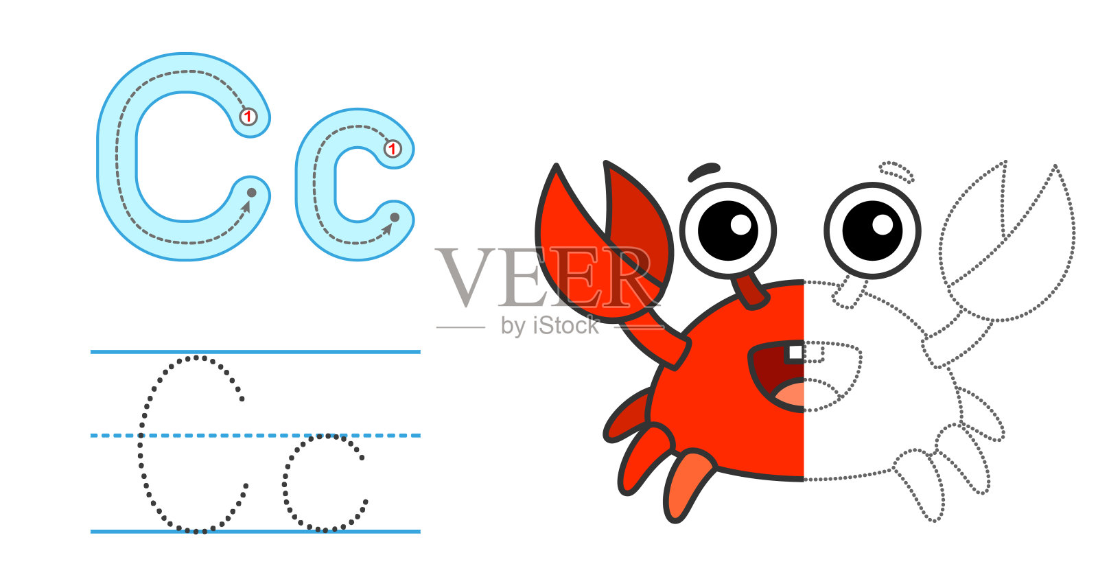 描出字母和图片，并涂上颜色。教育儿童追踪游戏。彩色字母。字母C和有趣的螃蟹插画图片素材