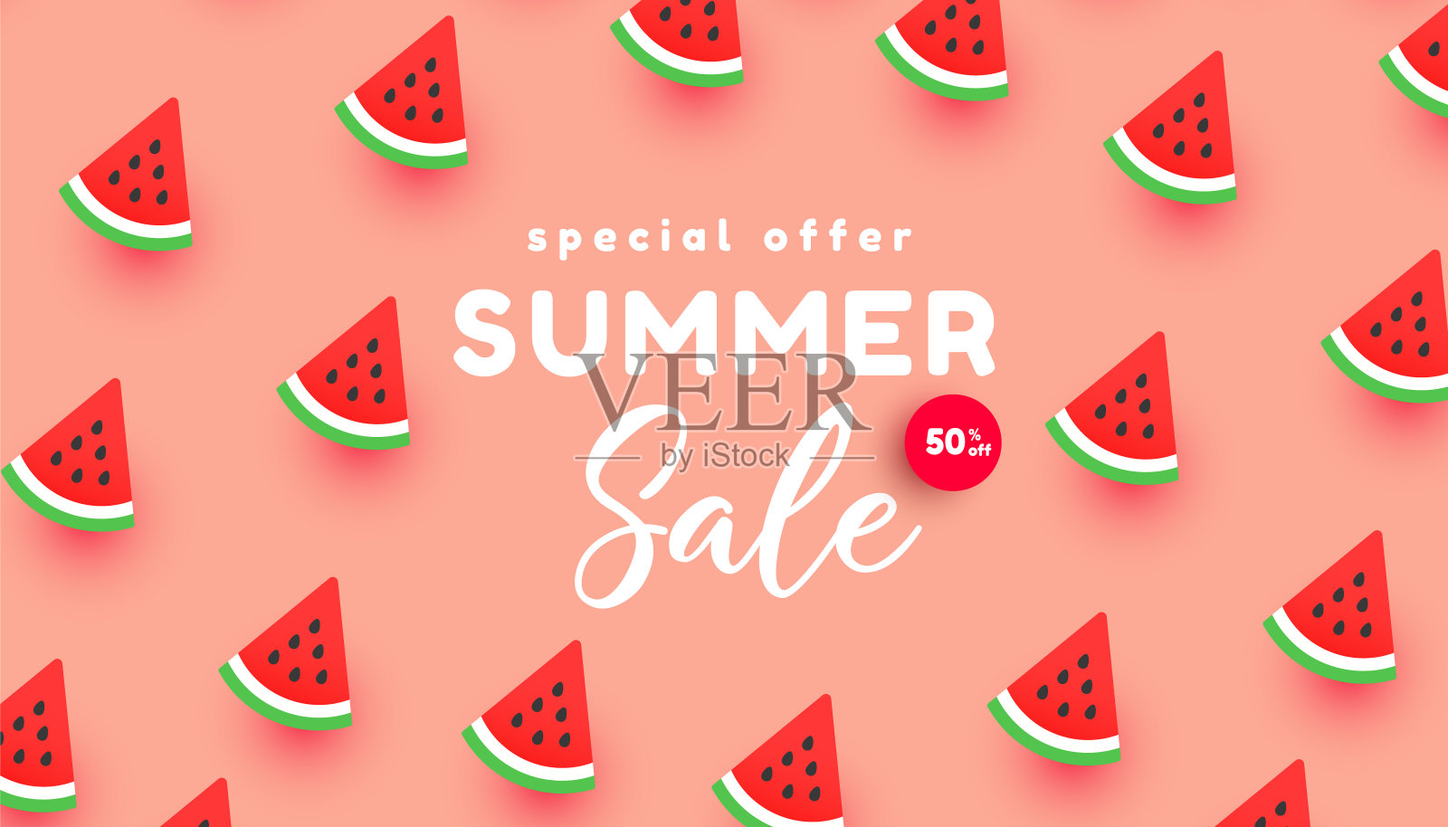明亮的夏季折扣销售横幅背景与成熟的西瓜片图案在粉红色的背景与拷贝空间，为商店营销推广。插画图片素材