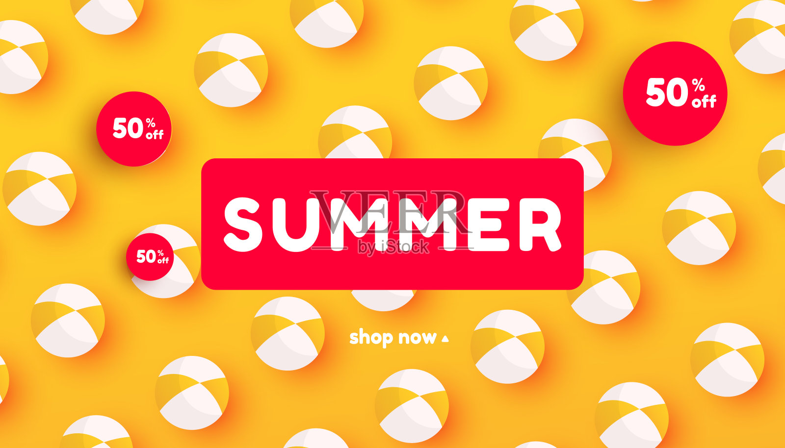 创意的夏季销售横幅时尚明亮的颜色与沙滩球配件图案和折扣文本。插画图片素材