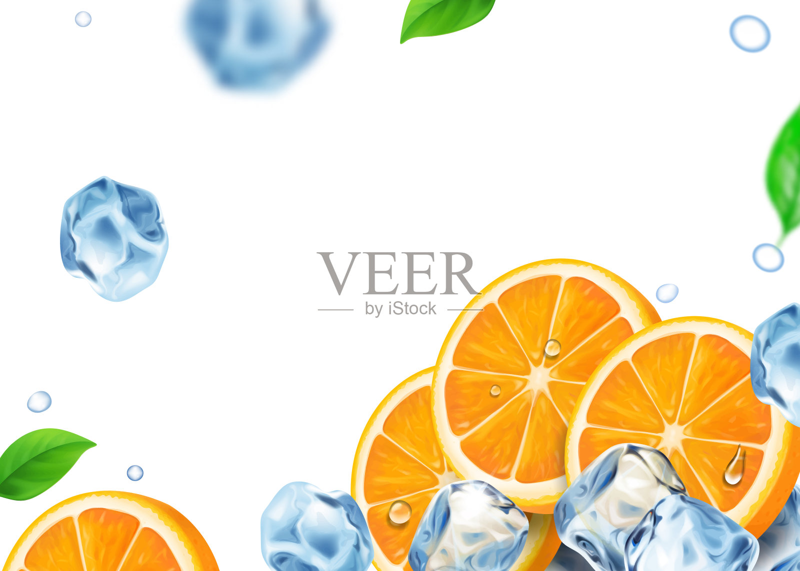 橙色切片水果和冰块现实插图在白色的背景设计元素图片