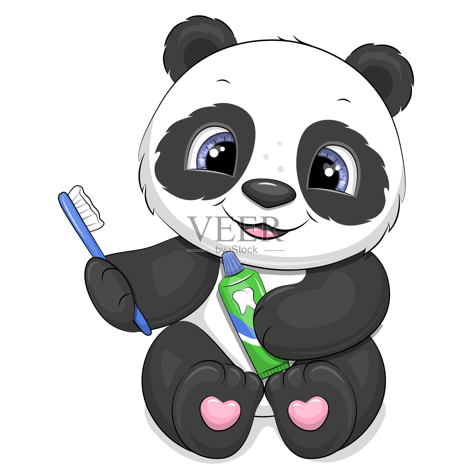 可爱的卡通熊猫和牙刷和牙膏。设计元素图片