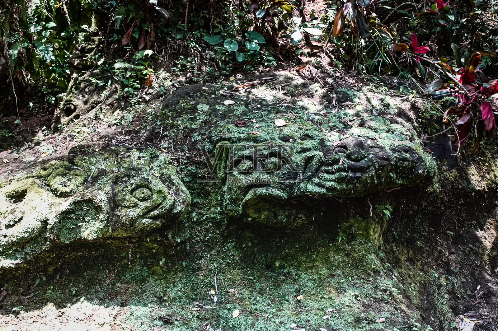 森林中覆盖着苔藓的雕塑，果阿迦扎象穴建筑群，巴厘岛，照片摄影图片