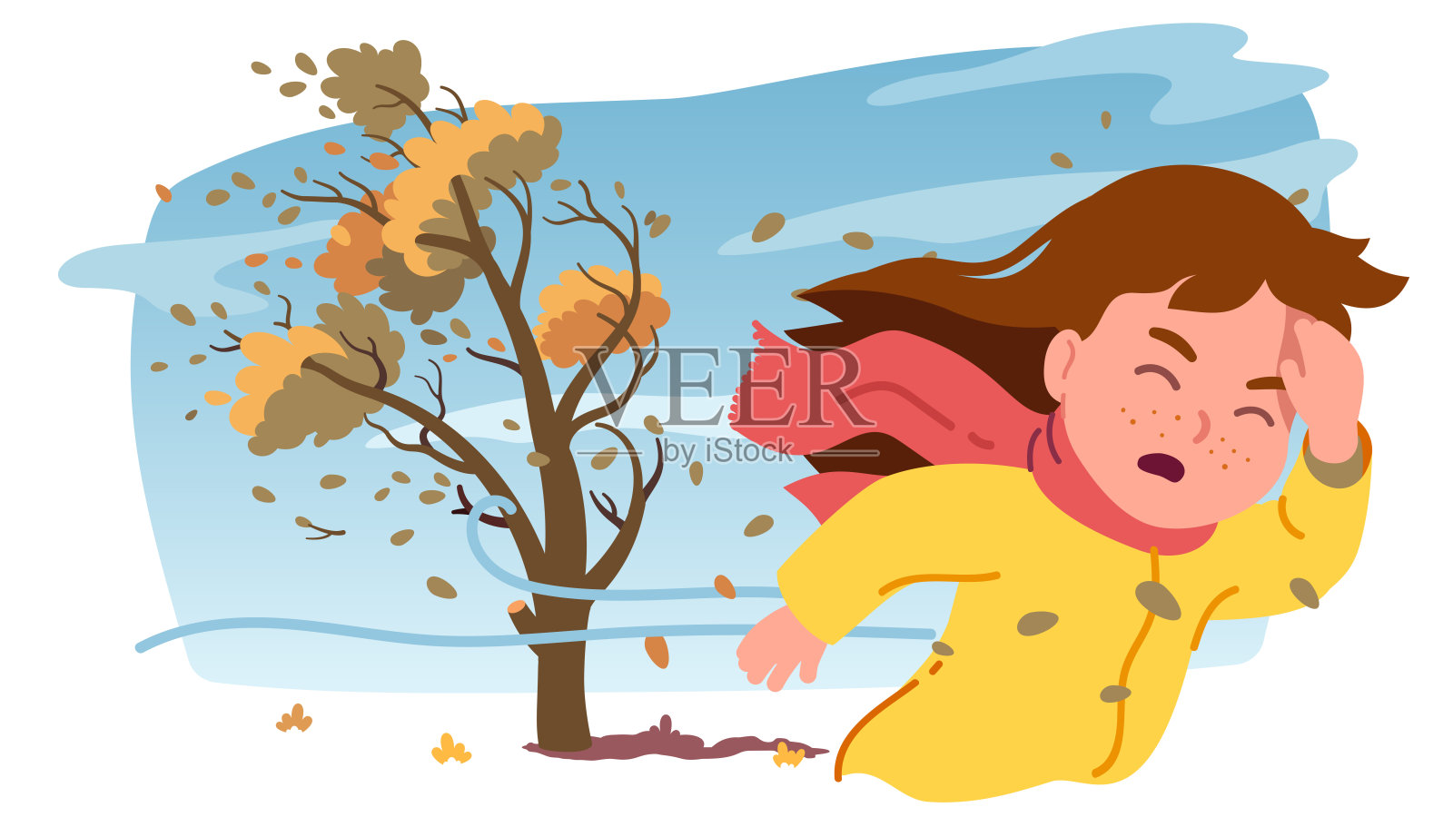 秋天狂风暴雨。女孩小孩与风搏斗弯曲的树与飞扬的黄色叶子叶子。孩子在暴风雨天气中被困在户外。秋风天平坦矢量插画季插画图片素材