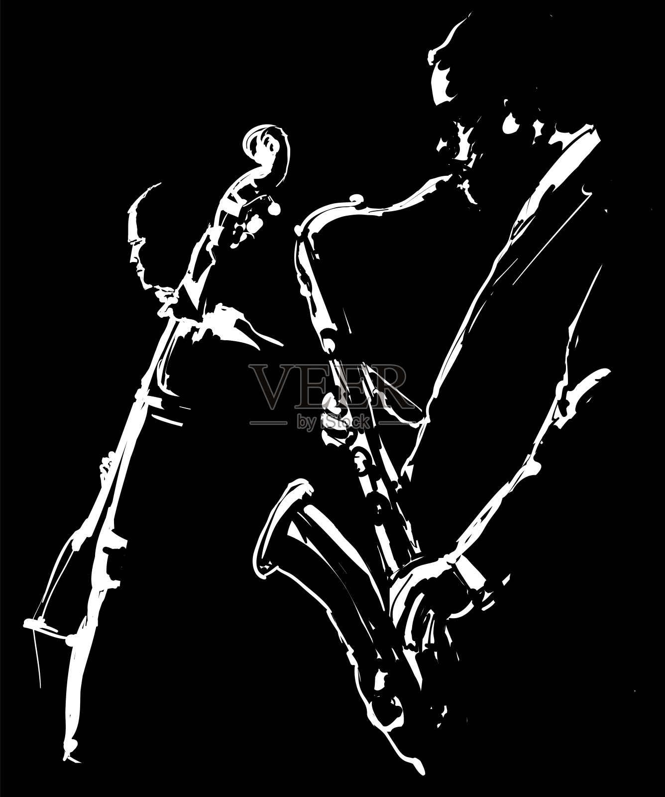 在夜总会里演奏爵士乐、萨克斯管和低音提琴插画图片素材