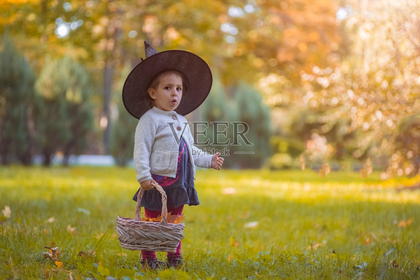 万圣节前夕，小女孩穿着女巫服装，挎着装满黄叶的篮子。童年,狂欢节。照片摄影图片