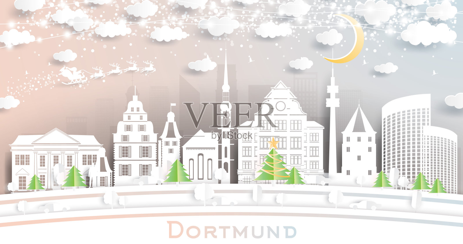 德国多特蒙德城市天际线剪纸风格的雪花，月亮和霓虹灯花环。插画图片素材