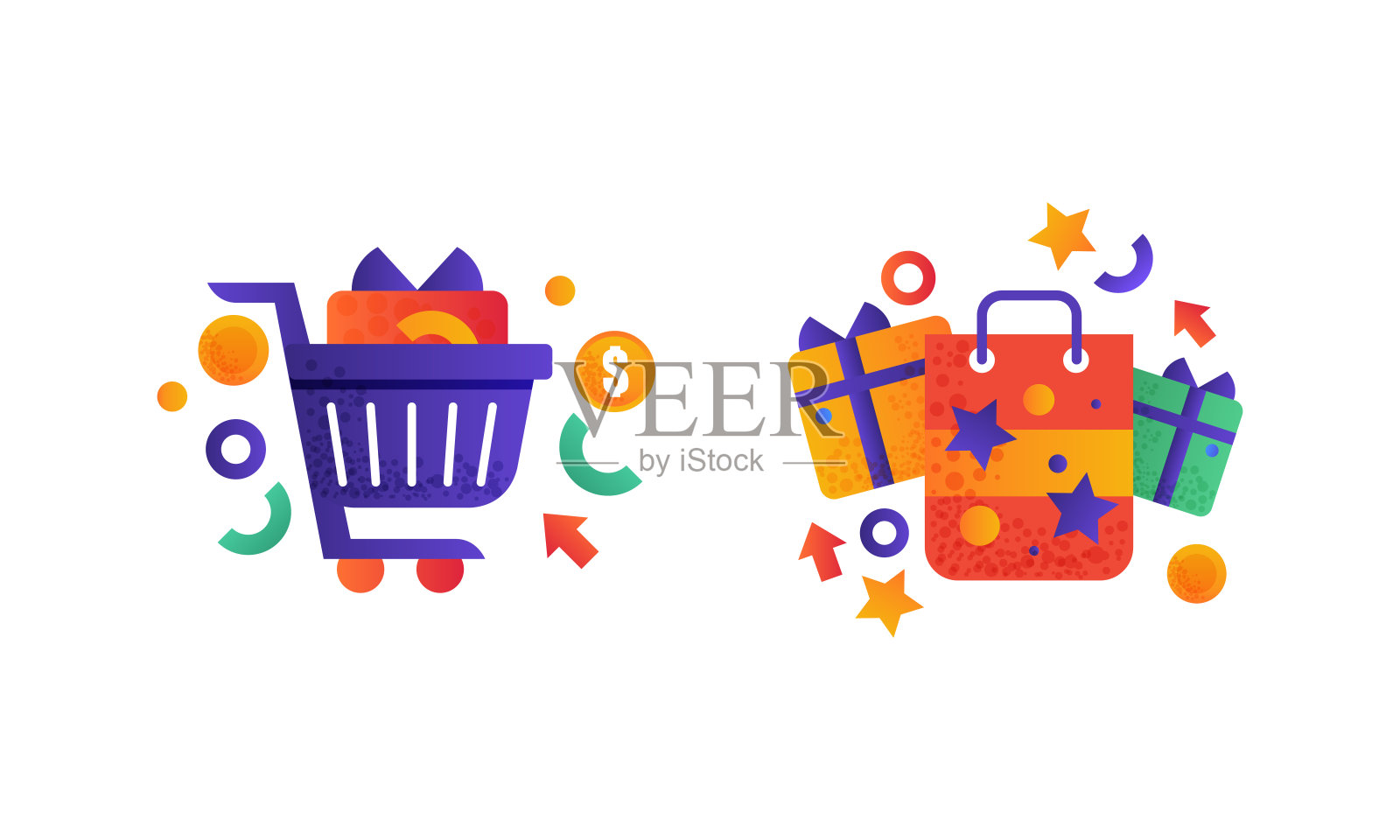 集合网上购物图标，电子商务，移动购物和数字营销平面矢量插图设计元素图片