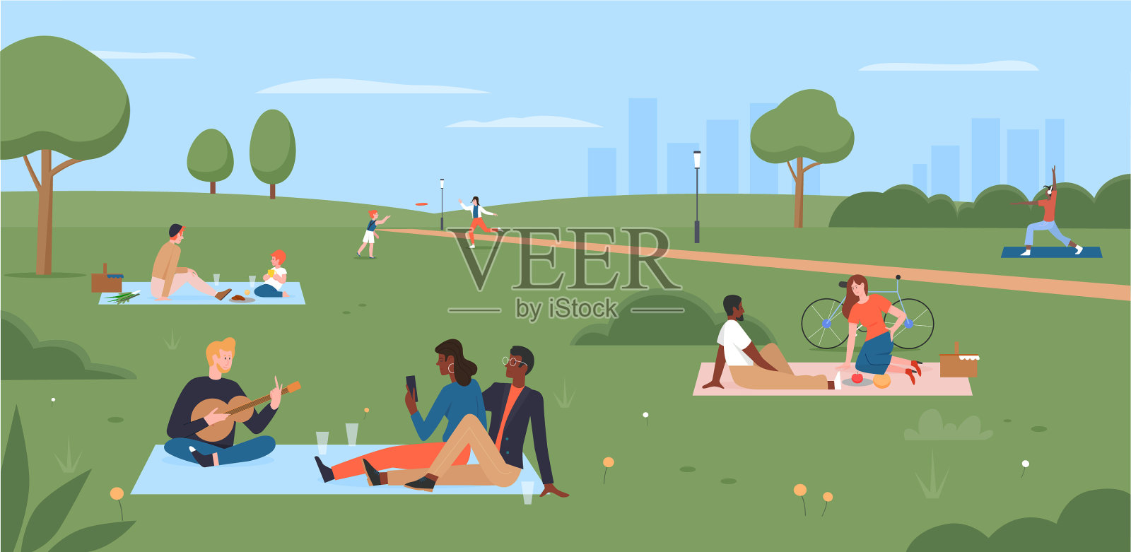 人们在夏天的城市公园野餐快乐的家庭插画图片素材