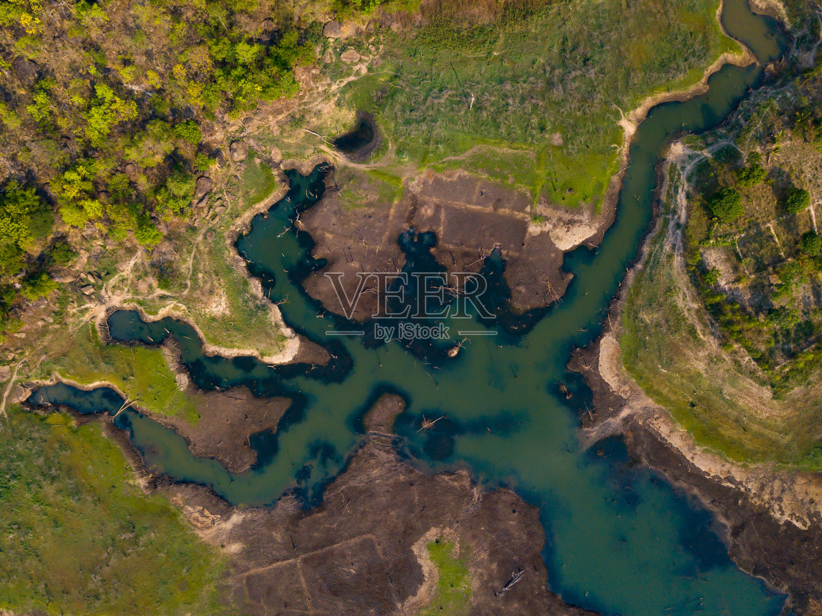 俯瞰被森林包围的贫瘠湖泊照片摄影图片