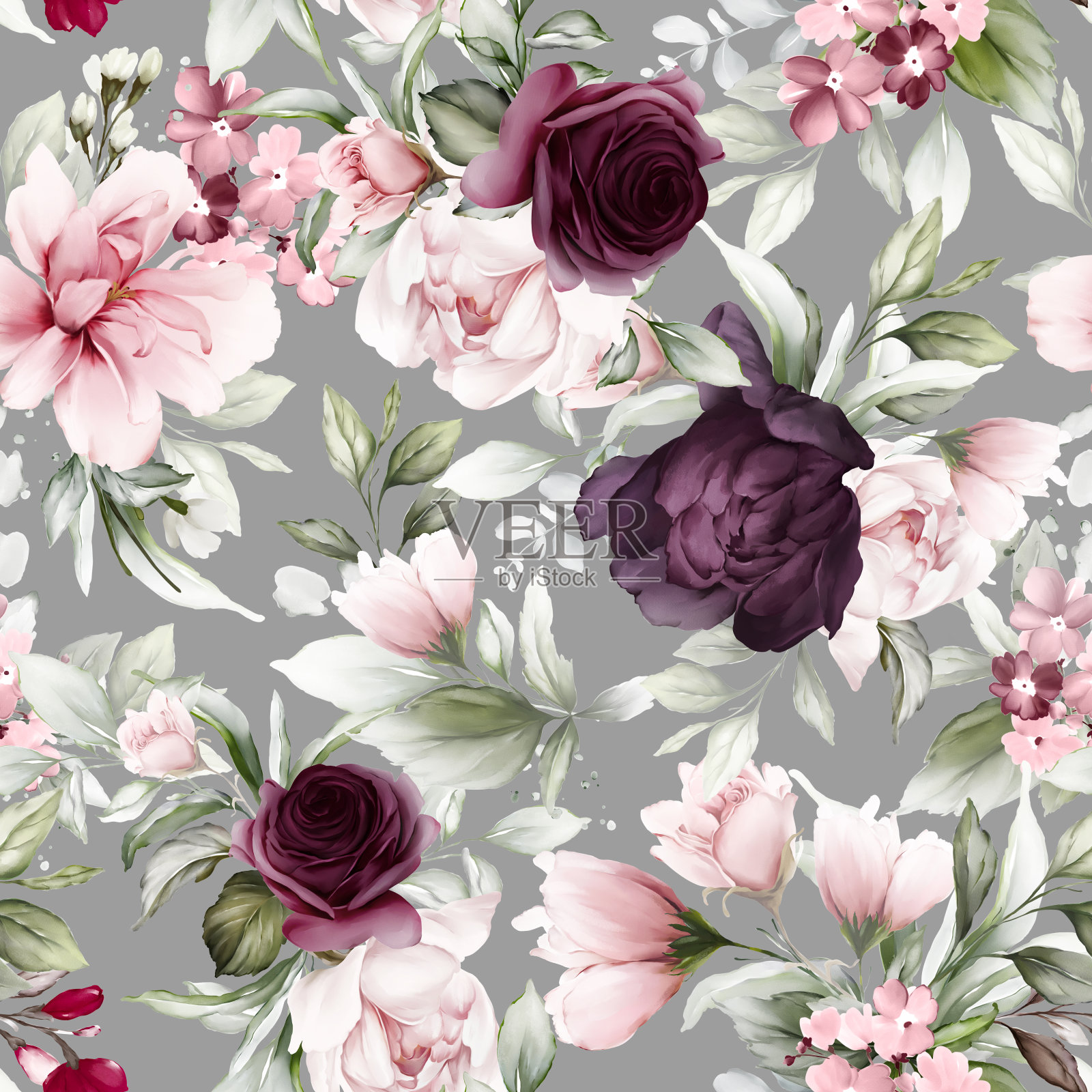 无缝水彩图案与紫色玫瑰和牡丹花在水彩风格。插画图片素材