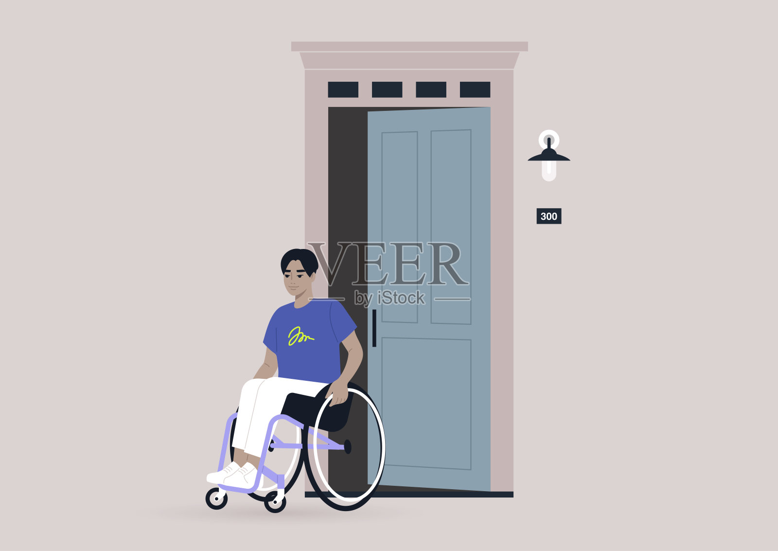 一个年轻的亚洲男性角色坐在轮椅上离开他们的家，大门开着插画图片素材