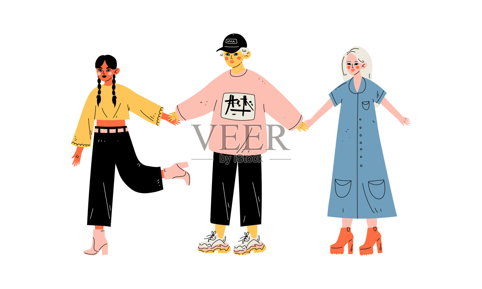 不同的青少年站在一起穿着时髦的衣服，手牵手矢量插图插画图片素材