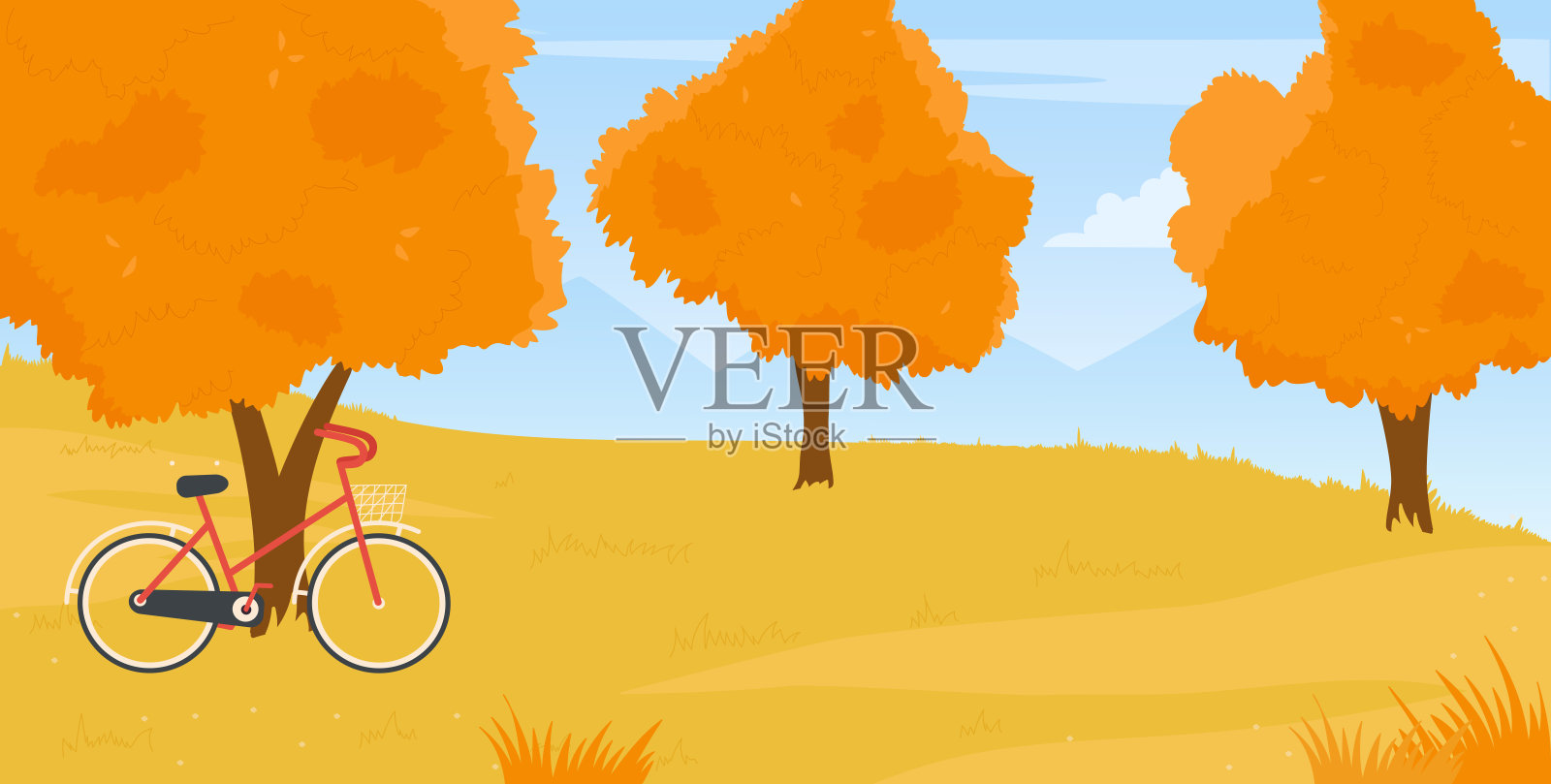 森林公园或花园的秋天乡村景观，秋天乡村自然和自行车插画图片素材