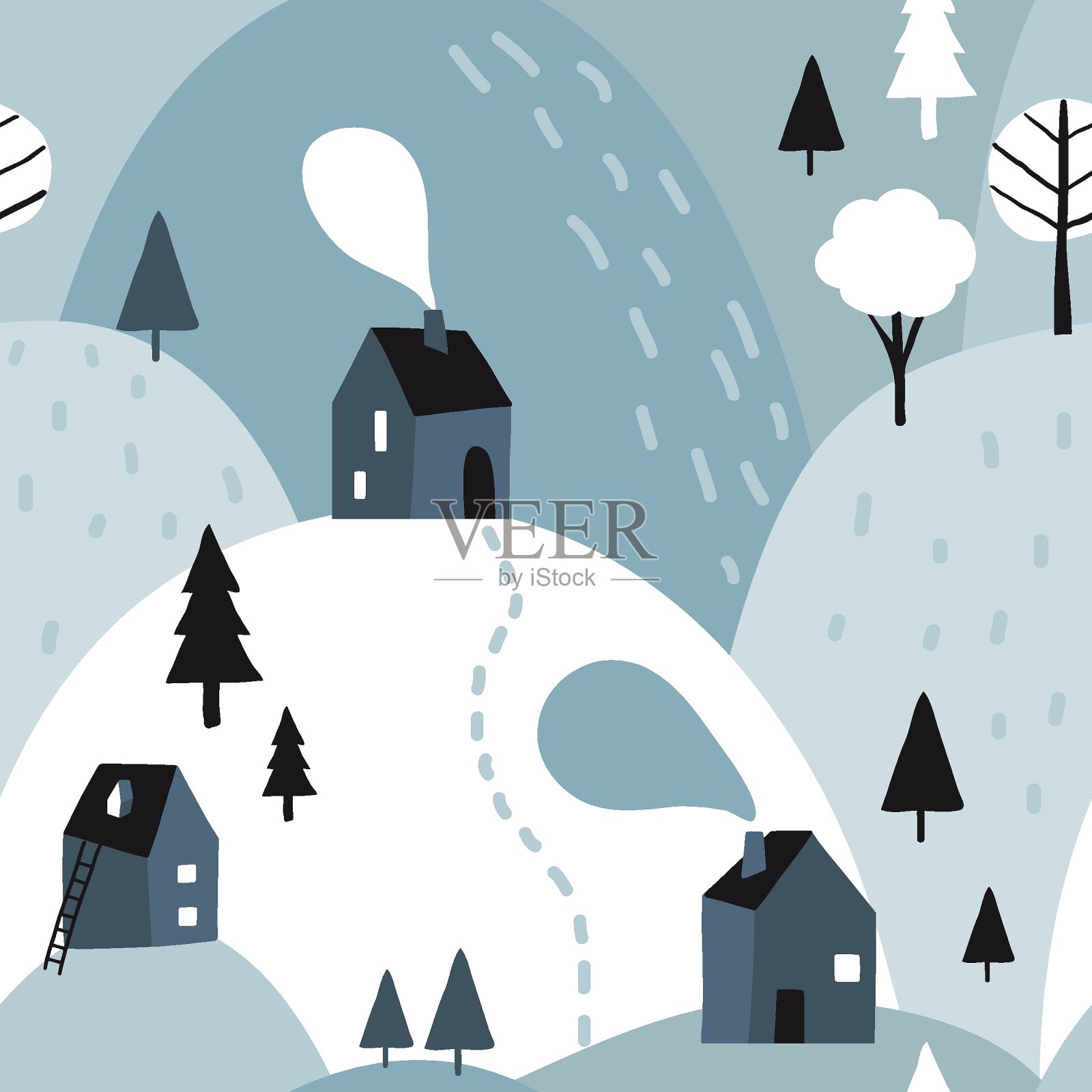 冬天的无缝模式与可爱的房子插画图片素材