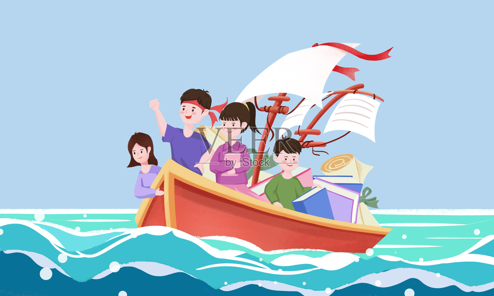 扁平风高考学生乘船破浪考生加油卡通插画插画图片素材