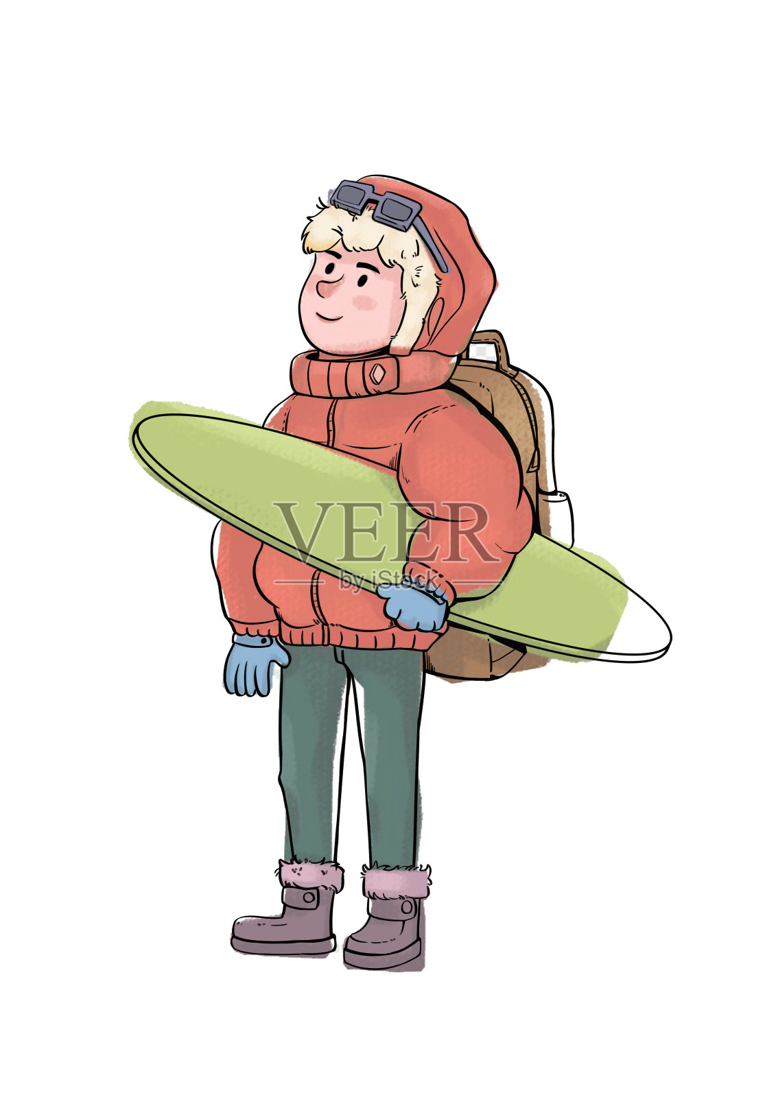 手绘人物卡通抱着滑板穿棉袄的男孩插画设计元素图片