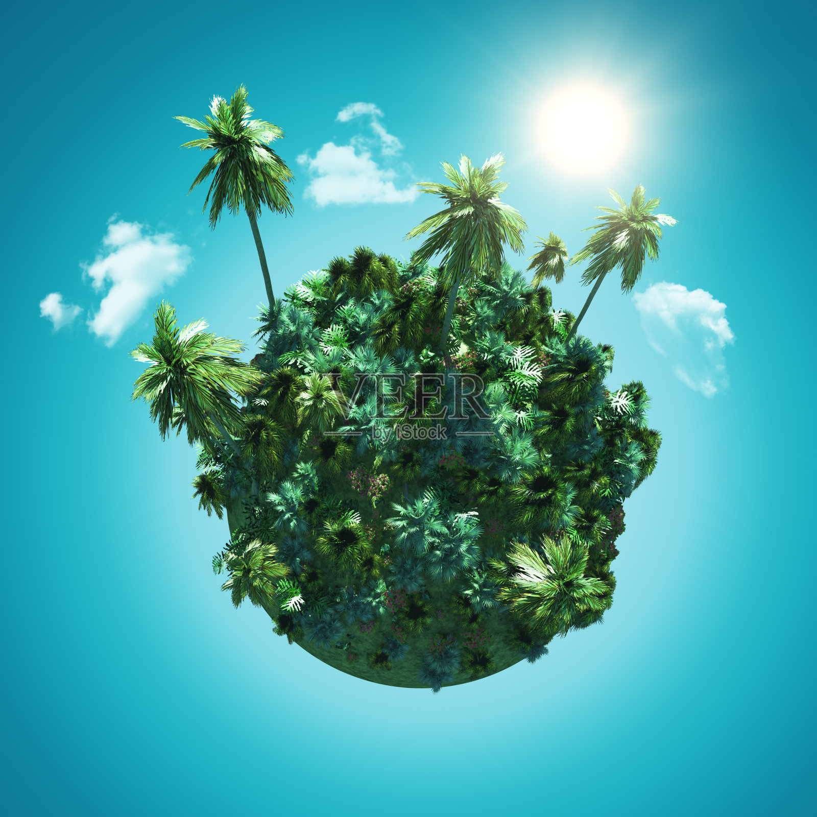 3D景观与棕榈树地球仪上的蓝天与云照片摄影图片