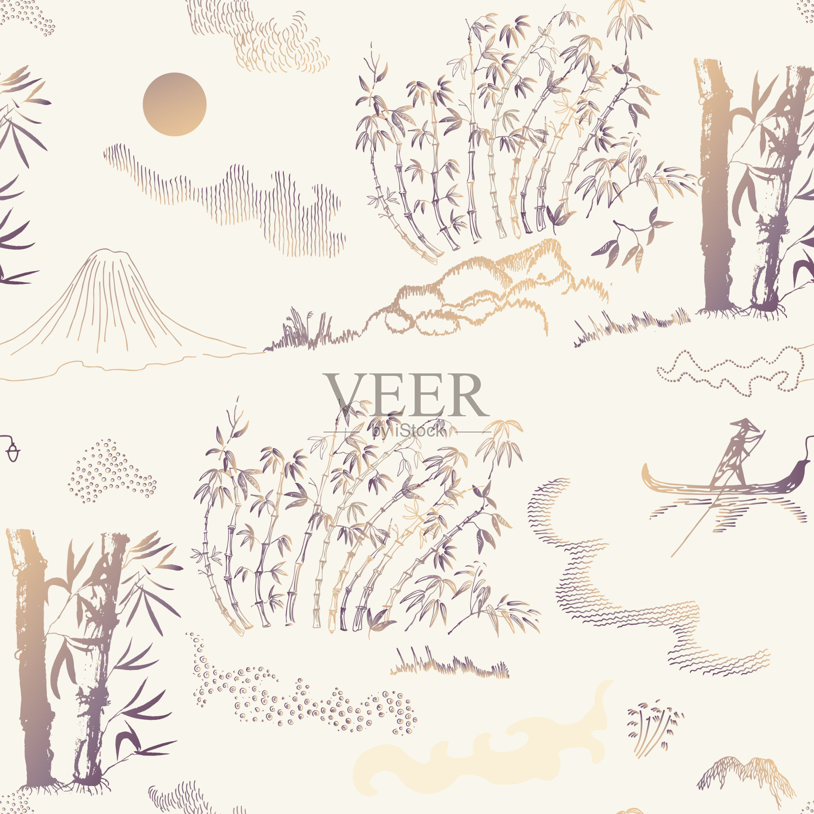 竹杆，树叶，月亮，高山，河流，帆船。向量无缝模式插画图片素材