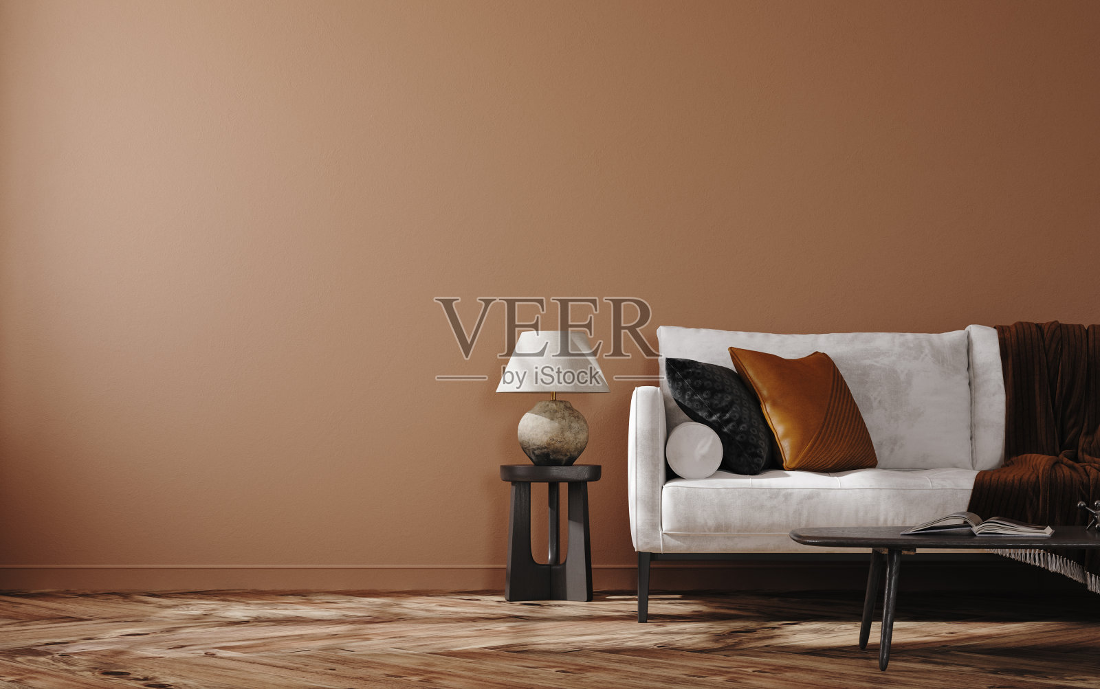 住宅模型，棕色暖色客厅与沙发和装饰照片摄影图片