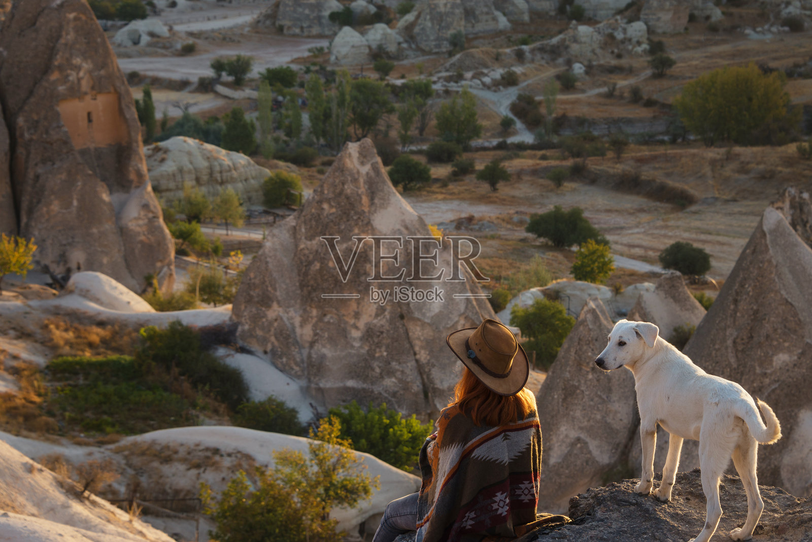 一名戴着帽子、带着狗的年轻女游客坐在卡帕多西亚的一座山上看日出。火鸡最吸引人的旅游目的地——格莱姆国家公园。照片摄影图片