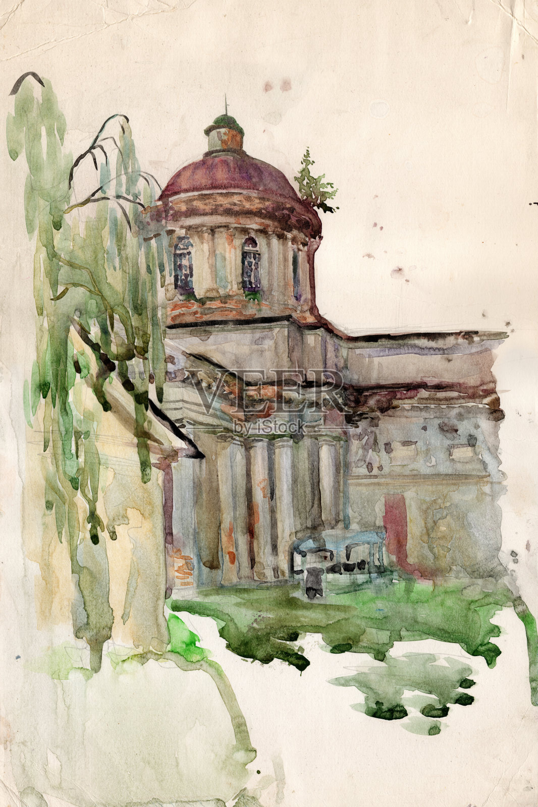 水彩画风景画，所有圣徒教堂在Nizhyn市，Chernihiv地区，乌克兰。插画图片素材