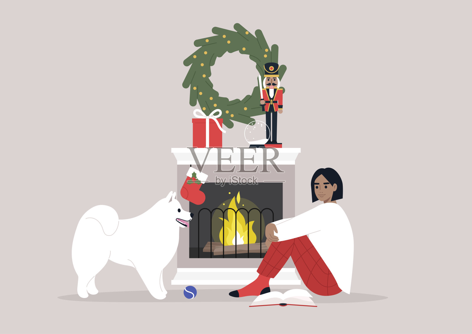 一个年轻的女性角色和他们的狗在壁炉前的地板上玩耍，舒适的冬季室内插画图片素材
