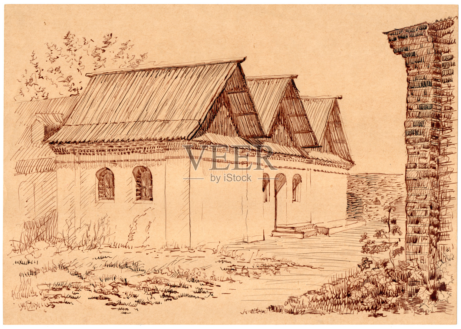 手绘墨水和钢笔棕色的建筑草图一个古老的历史建筑在旧的米色纸上。插画图片素材