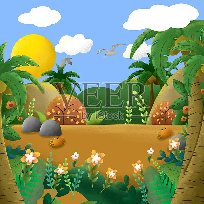 夏季沙滩花草椰子树元素插画图片素材