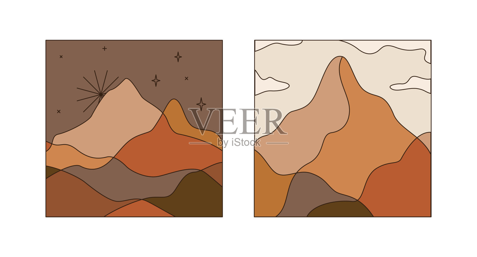向量正方形插图简单的线条风格-波西米亚抽象打印-简单的自然景观与山脉和丘陵插画图片素材