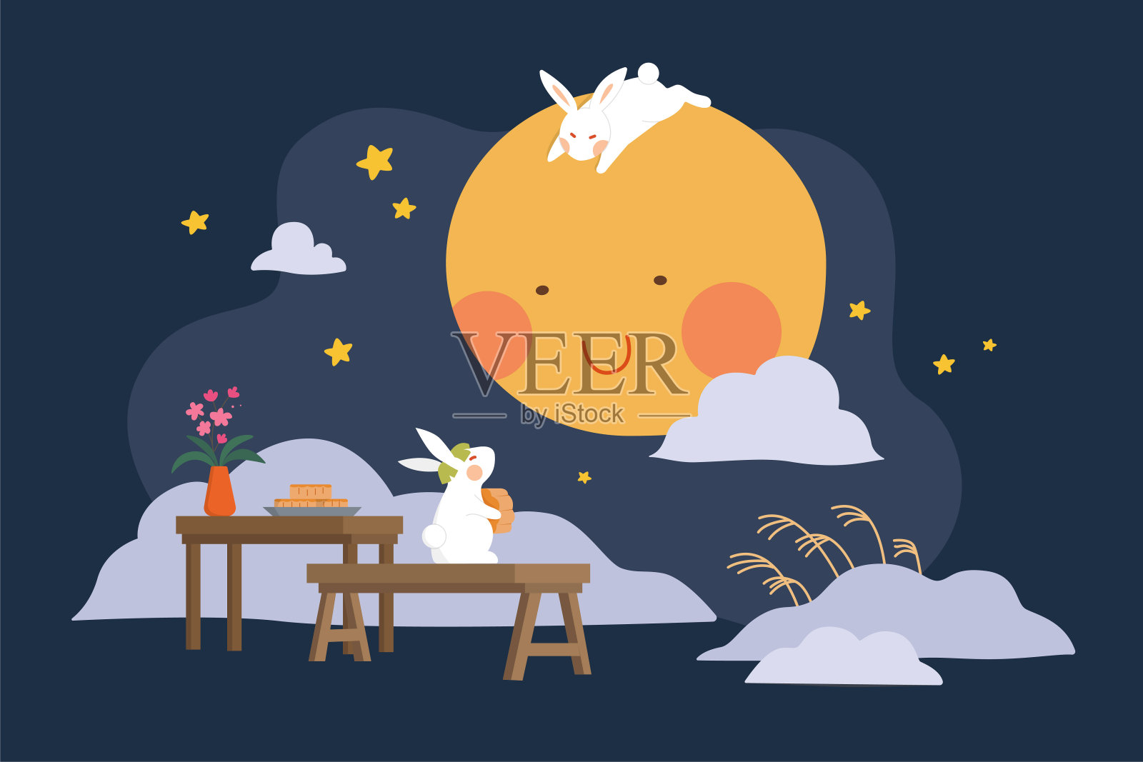中秋玉兔与巨大月亮对望扁平插图插画图片素材