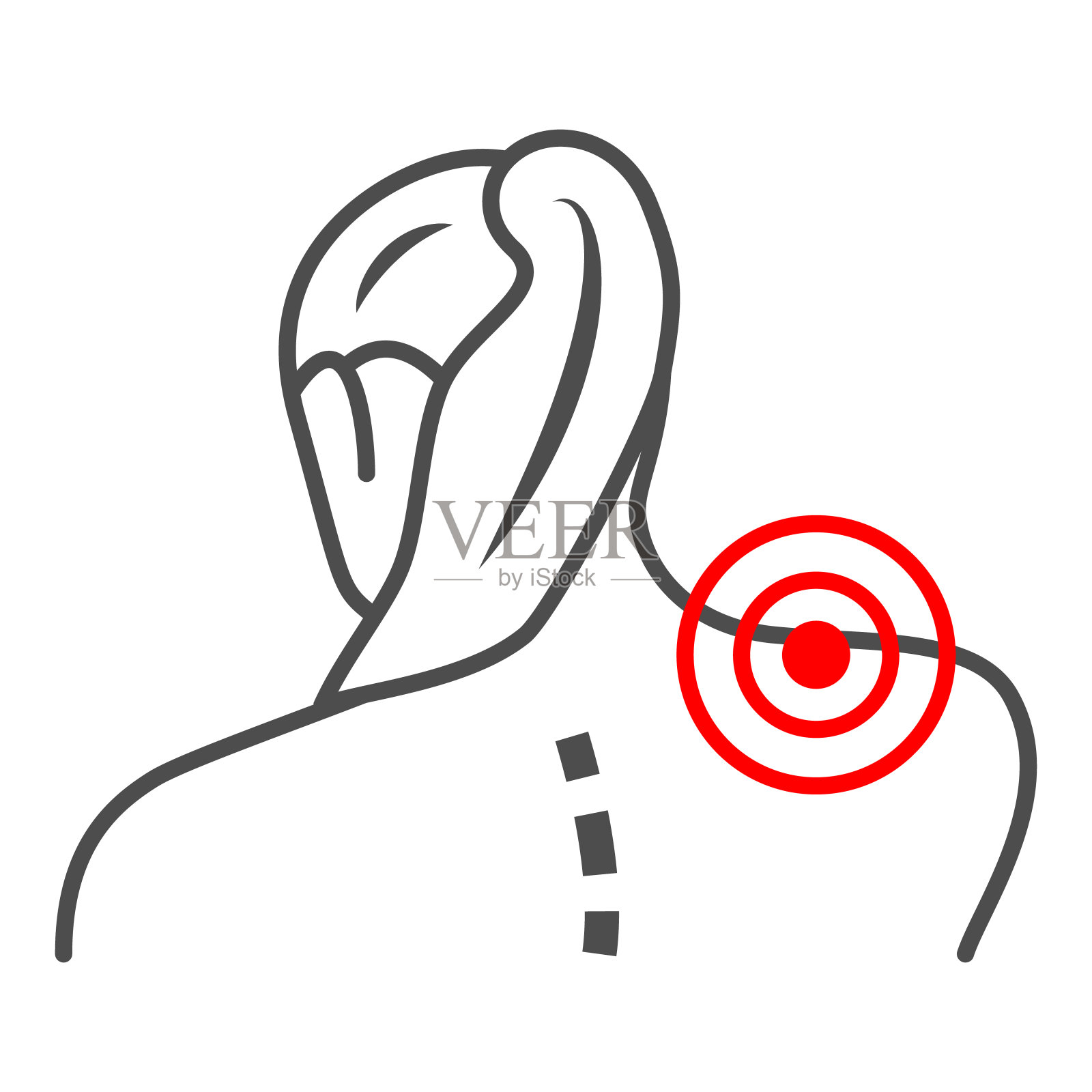 女人脖子疼细线图标，身体疼痛概念，脖子疼痛矢量标志上的白色背景，轮廓风格图标为移动概念和网页设计。矢量图形。插画图片素材